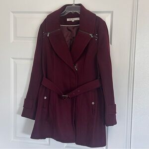 Kenneth Cole Burgundy Pea Coat with Belt - Wool
